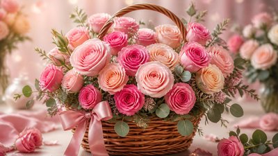 Открытка с корзиной роз на день рождения дочке