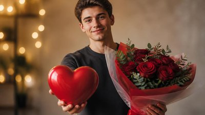 Поздравление с цветами и сердцем парню