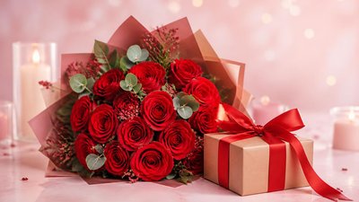 Картинка с красными розами и подарком для подружки на день рождения