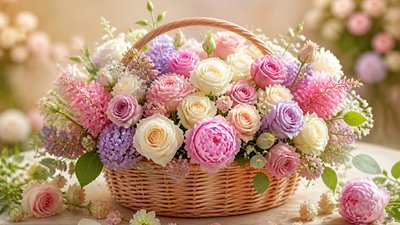 Корзина с цветами и добрыми словами на День Рождения