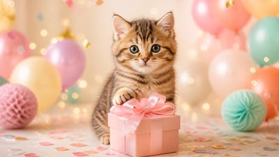 Открытка с очаровательным котиком на День Рождения