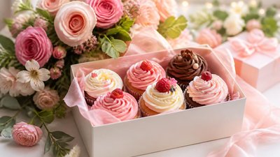 Открытка для сестры с пирожными и цветами на день рождения