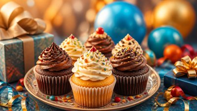 Яркая открытка с кексами на день рождения для свекра