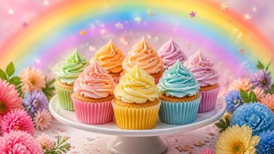 Радужная открытка с кексами на именины для тестя