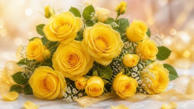 Открытка с яркими желтыми розами женщине на день рождения